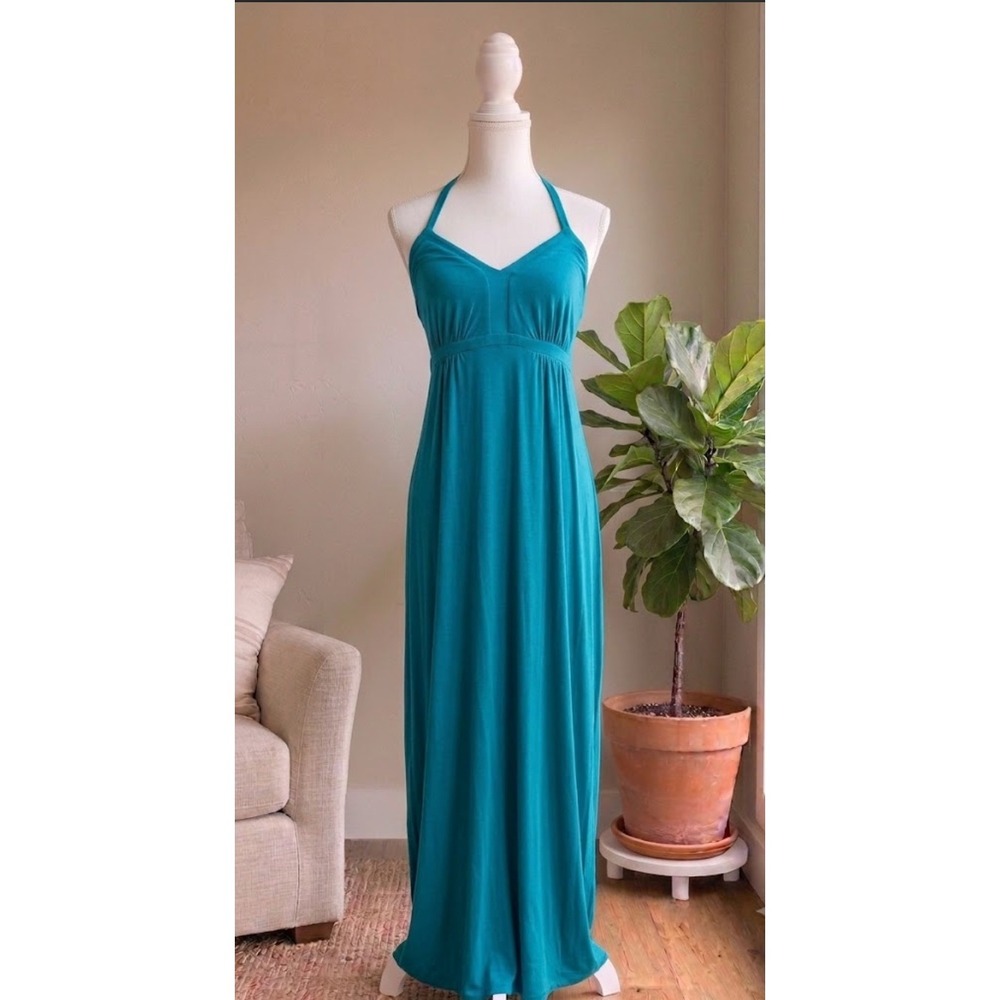 Express Halter Maxi Dress S Teal Blue Empire Waist Jersey Knit NWT Beach Cruise